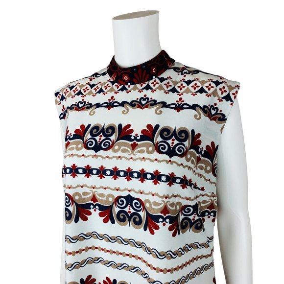 Vintage 1960s Striped Filigree Dress Maroon Navy Shift | B 41" - Picture 6 of 10